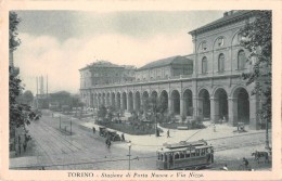 04201 "TORINO - STAZIONE DI PORTA NUOVA E VIA NIZZA"  ANIMATA, AUTO, TRAMWAY, CAVALLO.  CART. NON  SPED. - Stazione Porta Nuova