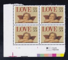 United States #2953, 55-cents 'Love' Issue, Plate # Block Of 4 - Plate Blocks & Sheetlets