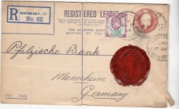 BURTON MANNHEIM - 1909 - RECOMMANDEE N° 62 ENTIER POSTAL + COMPL D AFF 1 1/2 - CACHET DE CIRE - Marcofilie
