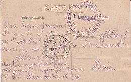 CARTE OBLITEREE CAD -TRESOR ET POSTE 13-12-14- (136)- + CACHET VIOLET AUXILLAIRES R.A.T. VENANT DE LYON -68E DIVISION - 1. Weltkrieg 1914-1918