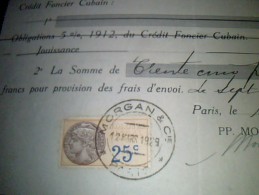 Timbre Fiscal Vieux Papier A Entete Recu Banquaire  Morgan & Co A Paris  Annee 1929 Timbre Fiscal Oblitere De 25 Ct - Covers & Documents