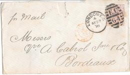 LETTRE DE LONDON POUR BORDEAUX .1878 .N°56  PLANCHE 10...CACHET AMBULANT ROUGE - Covers & Documents