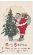 Christmas Greetings, Santa Brings Gifts Toys, Tree, C1910s/20s Vintage Postcard - Kerstman