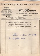 VP4150 - Facture - Electricité & Mécanique V. MOUTIN à PARIS Avenue De Taillebourg - Electricidad & Gas