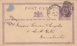 Entier CaD ST Helens Pour Manchester 1874 - Entiers Postaux