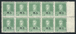 GJ.328, 3c. San Martín W/o Period Overprinted M.I., Marginal Block Of 10, Never Hinged. Catalog Value US$7. - Dienstmarken