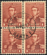 GJ.172, 1$ San Martín, Small Sun Wmk, Perf 11½ X 12, Used Block Of 4, Light Creases. - Sonstige & Ohne Zuordnung