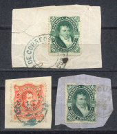 GJ.38 + 39, 5c. Rivadavia And 10c. Belgrano, Lot Of 3 Fragments With Cancels: GJ.38 Circular Datestamp Of Concordia... - Sonstige & Ohne Zuordnung