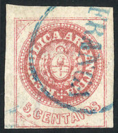 GJ.14, 5 C. Without Accent, Worn Plate, Carminish Rose, With Double Circle FRANCA Cancel Of Concordia In Blue, 3... - Gebraucht
