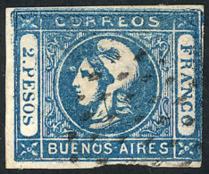 GJ.22, 2$ Blue, With Dotted Lozenge Cancel Of Buenos Aires In Black, Defects. - Buenos Aires (1858-1864)