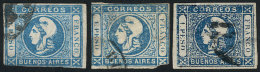 GJ.17, 1$ Blue, Worn Impression, 3 Used Examples In Different Shades, With Defects. - Buenos Aires (1858-1864)