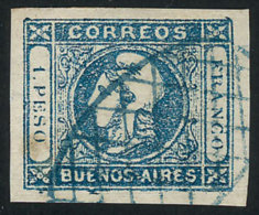 GJ.17, 1$ Blue, Worn Impression, With Blue Grid Cancel Of Buenos Aires, With A Stain Spot. - Buenos Aires (1858-1864)