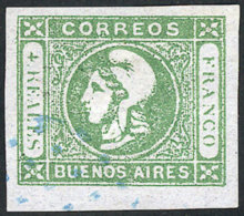 GJ.16, 4R. Light Yellow-green, Worn Impression, Used With Dotted Cancel Of Buenos Aires In Blue, Four Margins, VF!... - Buenos Aires (1858-1864)