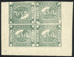 GJ.6, Tres Ps Green, Forged Block Of 4, One Example Inverted Producing Vertical And Horizontal Tete-beches,... - Buenos Aires (1858-1864)