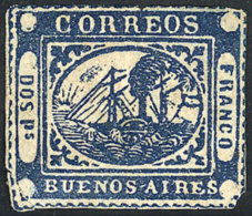 GJ. 5, 2 Ps. Blue, Mint Without Gum, With Defects, Nice Front, Good Opportunity! Catalog Value US$300. - Buenos Aires (1858-1864)