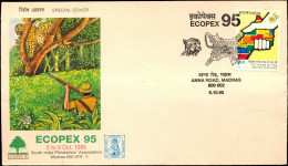 WILD LIFE-STOP HUNTING-LEOPARD'S HIDE-GUNS-CONSERVATION-PICTORIAL CANCEL-ECOPEX 95-SPECIAL COVER-INDIA-1995-BX1-349 - Asini