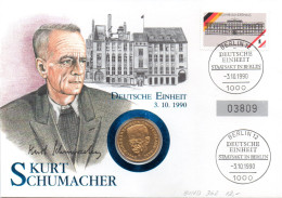 BRD Numisbrief "Kurt Schumacher-Deutsche Einheit" 3.10.1990 BERLIN Mit 2DM Schumacher Verg.(Münze)+100Pf 1990 Bundeshaus - Autres & Non Classés