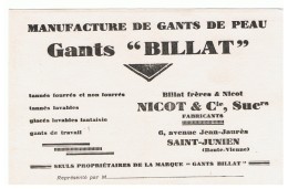 Ancien Buvard Gants Billat Saint Junien (haute Vienne) - Nicot Et Compagnie - Textile & Clothing