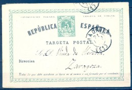 1875 , MADRID , E.P. 6 CIRCULADO ENTRE MADRID Y ZARAGOZA , MAT. DE MADRID , LLEGADA AL DORSO. - 1850-1931