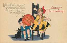 241647- Halloween, Stecher No 1239 C, Boy Sitting With A Black Cat Holding A Jack O Lantern Trying To Scare A Girl - Halloween