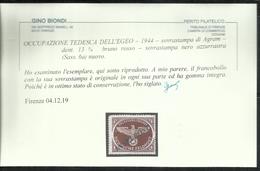 EGEO 1944 OCCUPAZIONE TEDESCA SOPRASTAMPA NERO AZZURRASTRA INSELPOST DI AGRAM DENT 13 1/2 BRUNO ROSSO MNH CERTIFICATO - Egée