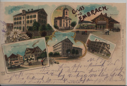 Embrach - Farbige Litho - Schulhaus, Kirche, Bahnhof, Wildermann Und Linde, Seidenzwirnerei, Handlung Fritsche - Embrach