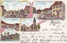 Aesch BL - Farbige Litho - Ausserdorf, Mitteldorf, Herrenstrasse, Pfarrhaus Mit Kirche, Hotel Jura - Aesch