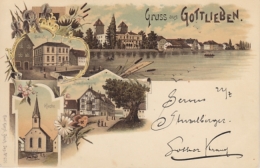 Gottlieben - Farbige Litho - Dorf, Schule, Kirche, Drachenburg - Gottlieben