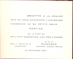 Geboortekaartje - Martine Van Pee - KOrtrijk - Ruhengeri Ruanda Congo 1952 - Geburt & Taufe