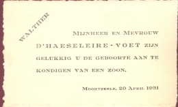 Geboortekaartje - Walther D'Haeseleire - Moortsele 1931 - Naissance & Baptême