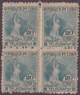 1916-22 CUBA. REPUBLICA. 1916. Ed.103. 20c. TELEGRAFOS TELEGRAPH. ELECTRIC. BLOCK 4 ORIGINAL GUM - Ongebruikt