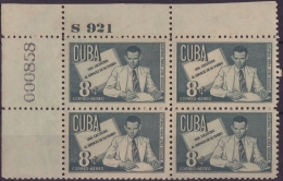 1951-198 CUBA. REPUBLICA. 1951. Ed.468. ANTONIO GUITERAS. 8c PLATE NUMBER BLOCK 4 GOMA MANCHADA. - Nuevos