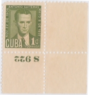 1951-199 CUBA. REPUBLICA. 1951. Ed.464. ANTONIO GUITERAS. 1c PLATE NUMBER NO GUM. - Unused Stamps