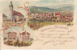 Gruss Aus Wohlen - Farbige Litho - Kirche, Schulhäuser, Dorf - Wohlen