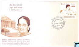 Sri Lanka Stamps 2016, Sirimavo Bandaranaike, Birth Centenary, World’s First Women Prime Minister, FDC - Sri Lanka (Ceylon) (1948-...)