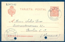 1912 , NAVARRA , E.P. 49 CIRCULADO ENTRE OLITE Y BERLÍN , FECHADOR DE OLITE. - 1850-1931