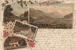 Nieder-Urnen (Niederurnen) - Farbige Litho - Wallensee, Bachverbauung, Mineralbad, Totalansicht - Niederurnen