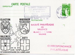 Carte Postale. 0.80 Sabine. 10e Anniversaire Du Jumelage Biberach-valence. 24-25 Juin 1978 - AK Mit Aufdruck (vor 1995)