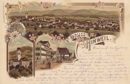 Hinwil Gruss Aus Hinweil - Farbige Litho - Kirche, Dorfplatz - Dorf