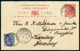 Beleg Straits Settlements 5 C. Als Zusatzfrankatur Auf Tadelloser Auslands-Postkarte Victoria 3 C. Rot Nach Hamburg... - Other & Unclassified