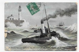 (RECTO / VERSO) REMORQUEUR ALLANT AU DEVANT D' UN TROIS MATS EN PERIL EN 1911 - BEAU CACHET - CPA - Tugboats