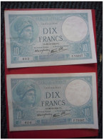 LOT De 2 Billets De 10 Francs MINERVE N° à Suivre Du 26 10 1939 - N°603 Et 604 Alph F. 75587 @ N° Fayette : 7.13 - 10 F 1916-1942 ''Minerve''