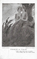 France Et Italie - Unies Aujourd'hui Dans La Tempête - 2 Jeunes Femmes - Illustration Signée Mauzan - Patrióticos