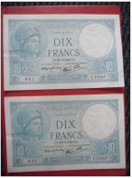 LOT De 2 Billets De 10 Francs MINERVE N° à Suivre Du 26 10 1939 - N°641 Et 642 Alph F. 75587 @ N° Fayette : 7.13 - 10 F 1916-1942 ''Minerve''