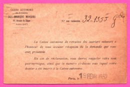 Carte Postale - Caisse Autonome De Retraites Des Ouvriers Mineurs - Cachet Paris N° 41 - 1932 - I.A.C. - Mines