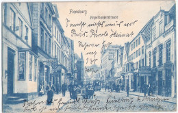 FLENSBURG Angelburger Straße Blaudruck Belebt Strassenbahn Mit Werbung Geschäfte 10.5.1907 - Flensburg