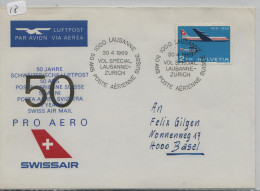 50 JAHRE YEARS ANS POSTE AERIENNE SUISSE :30-4-1969 HELVETIA SUISSE PRO AERO MIT SWISSAIR LAUSANNE - ZURICH - First Flight Covers