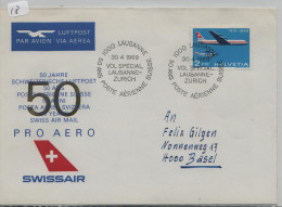 50 JAHRE YEARS ANS POSTE AERIENNE SUISSE :30-4-1969 HELVETIA SUISSE PRO AERO MIT SWISSAIR LAUSANNE - ZURICH - Primi Voli