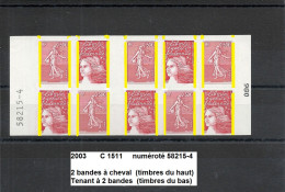 Variété Carnet Adhésifs De 2003 Neuf**Y&T N° C 1511 Numéroté & 2 Bandes à Cheval Tenant à 2 Bandes N° 086 - Markenheftchen
