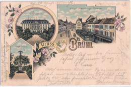 Gruss Aus BRÜHL Color Litho Straßenbahn Tram Denkmal Schloß Markt + Cölnstraße 1.5.1898 Gelaufen - Bruehl